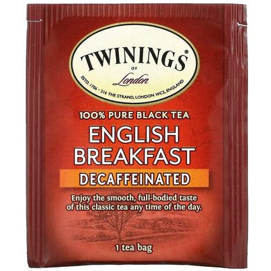 Twinings, Англійський сніданок, без кофеїну, 50 чайних пакетиків, 3,53 унції (100 г)