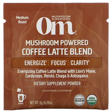 Суміш кави латте з грибами, Mushroom Powered Coffee Latte Blend, Om Mushrooms, 10 пакетів по 8 г (0,28 унції) кожен