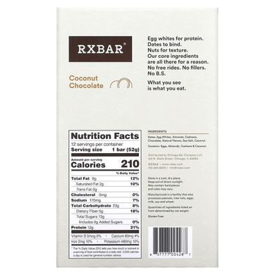 Протеїнові батончики, Кокос і шоколад, RXBAR, 12 батончиків, 1,83 унції (52 г) кожен
