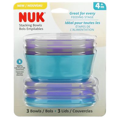 NUK, Миски для штабелювання, від 4 місяців, фіолетовий та бірюзовий, 3 чаші + 3 кришки