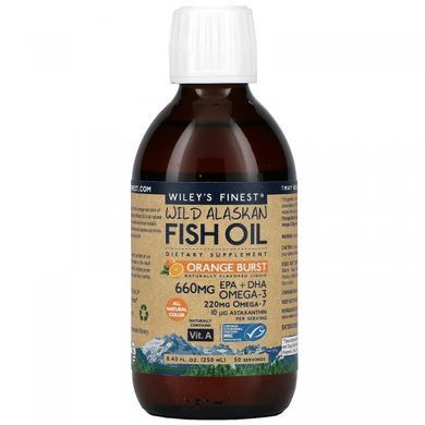 Alaskan fish oil Wileys Finest (Wild Alaskan Fish Oil) 4500 mg 250 ml with orange flavor.