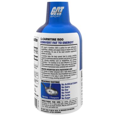 Рідкий L-Карнітин GAT (L-Carnitine) 1500 мг 473 мл зі смаком блакитний малини