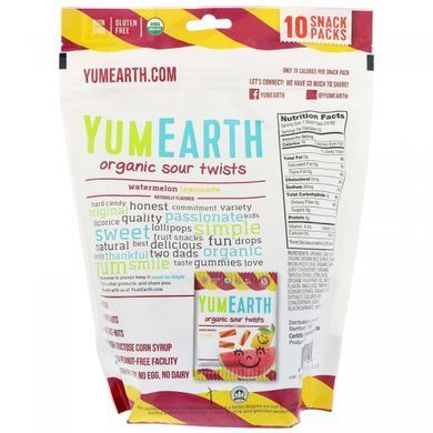 Organic sour twists, Watermelon lemonade, YumEarth, 10 snack packs, 0.7 oz (19.8 g) each.