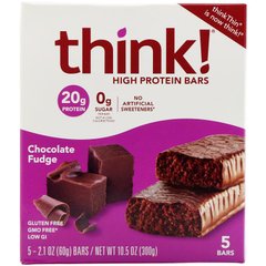 Протеїнові батончики, шоколадна помадка, ThinkThin, 5 упаковок, 2,1 унції (60 г) кожна