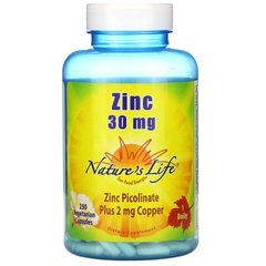 Цинк, Nature's Life, 30 мг, 250 рослинних капсул