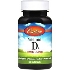 Вітамін Д3, Vitamin D3, Carlson Labs, 1000 МО, 60 гелевих капсул