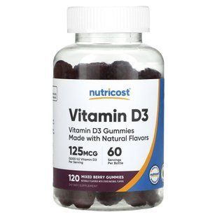 Nutricost, жувальні мармеладки з вітаміном D3, ягідна суміш, 125 мкг, 120 жувальних мармеладок (62,5 мг на 1 жувальну таблетку)