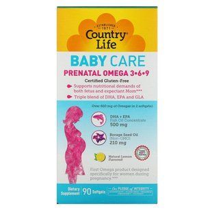 Baby Care, Пренатальная Омега 3-6-9, лимон, Country Life, 90 гелевых капсул купить в Киеве и Украине