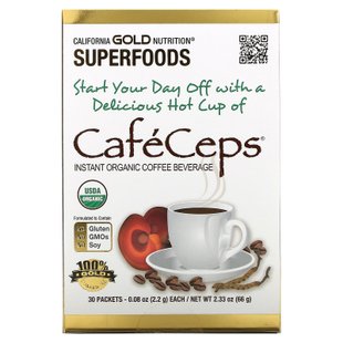 Растворимый кофе с кордицепсом и грибами рейши California Gold Nutrition (Coffee with Cordyceps) 30 пакетиков купить в Киеве и Украине