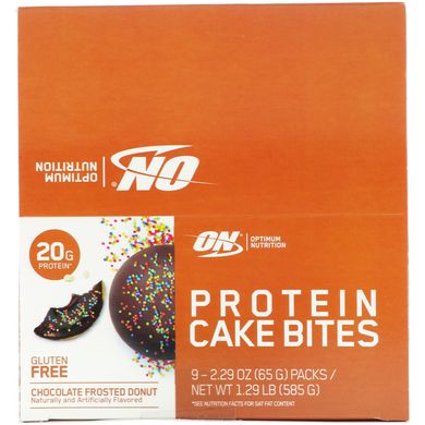 Протеїнова закуска, пончик з шоколадною глазур'ю, Protein Cake Bites, Chocolate Frosted Donut, Optimum Nutrition, 9 батончиків, 2,29 унції (65 г) кожен
