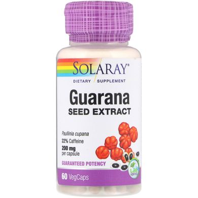 Екстракт насіння гуарани, Guarana Seed Extract, Solaray, 200 мг, 60 вегетаріанських капсул