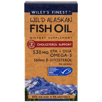 Аляскинский рыбий жир, поддержка уровня холестерина, Wiley's Finest, 90 капсул в мягкой оболочке купить в Киеве и Украине