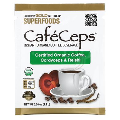 Растворимый кофе с кордицепсом и грибами рейши California Gold Nutrition (Coffee with Cordyceps) 30 пакетиков купить в Киеве и Украине