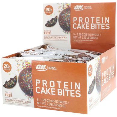Протеїнова закуска, пончик з шоколадною глазур'ю, Protein Cake Bites, Chocolate Frosted Donut, Optimum Nutrition, 9 батончиків, 2,29 унції (65 г) кожен