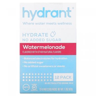 Hydrant, Electrolyte Drink Mix, Watermelon, Pack of 12 pieces of 0.14 ounces (3.9 g) each.