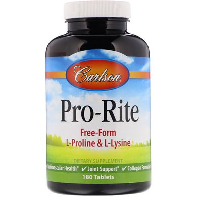 L- пролін L- лізин Carlson Labs (Proline & Lysine) 500 мг / 500 мг 180 таблеток