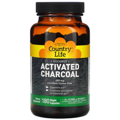 Активоване вугілля Country Life (Activated Charcoal) 260 мг 180 капсул