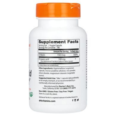 R-липоевая кислота Doctor's Best (R-Lipoic Acid) 100 мг 180 капсул купить в Киеве и Украине