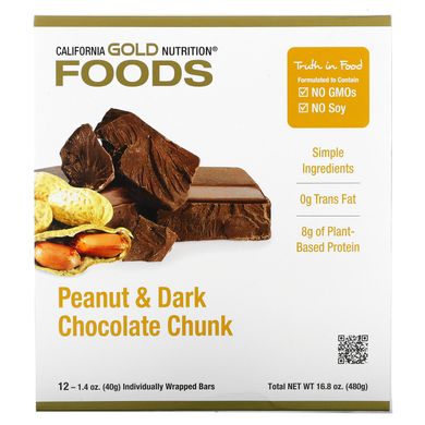 Батончики з темним шоколадом та арахісом California Gold Nutrition (Foods Peanut & Dark Chocolate Chunk Bars) 12 батончиків по 40 г кожен