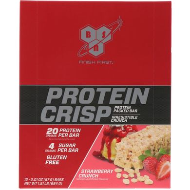 Protein Crisp, клубничный хруст, BSN, 12 батончиков, по 2,01 унции (57 г) каждый купить в Киеве и Украине