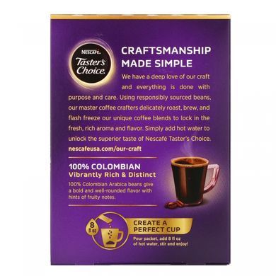 Nescaf&eacute;, Tasters Choice, instant coffee, 100% Colombian, 16 single-serve packets, 0.1 oz (3 g) each.
