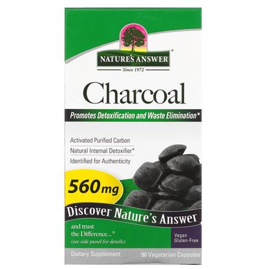 Charcoal, Активоване очищене вугілля, Nature's Answer, 560 мг, 90 рослинних капсул