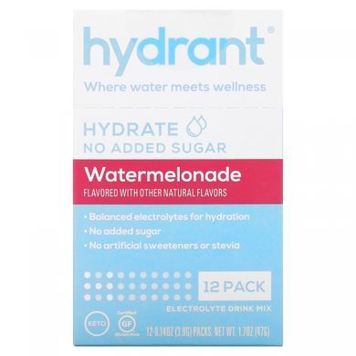Hydrant, Electrolyte Drink Mix, Watermelon, Pack of 12 pieces of 0.14 ounces (3.9 g) each.