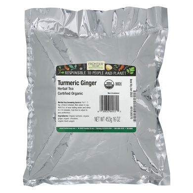 Сертифікований органічний трав'яний чай з куркумою і імбиром, Certified Organic Turmeric Ginger Herbal Tea, Frontier Natural Products, 453 г