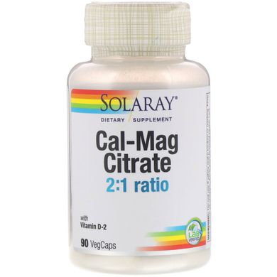 Кальцію і магнію цитрат з вітаміном Д2, Cal-Mag Citrate with Vitamin D 2:1, Solaray, 90 вегетаріанських капсул