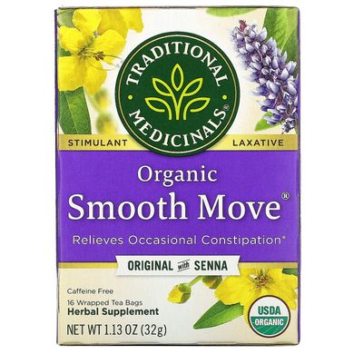 Organic Smooth Move, проносне на основі сени, без кофеїну, Traditional Medicinals, 16 чайних пакетиків в індивідуальній упаковці, 113 унції (32 г)