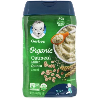 Органічні вівсяні пластівці, просо кіноа, Organic Oatmeal Cereal, Millet Quinoa, Gerber, 227 г