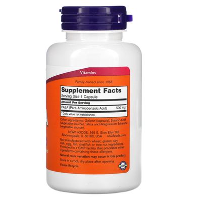 ПАБК пара-амінобензойна кислота Вітамін В10 Now Foods (PABA) 500 мг 100 капсул