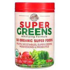Super Greens, сертифицированная органическая формула из цельных продуктов, вкусный ягодный аромат, Country Farms, 10,6 унц. (300 г) купить в Киеве и Украине