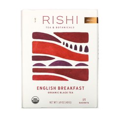 Органічний чорний чай, англійський сніданок, Rishi Tea, 15 чайних пакетиків 169 унції (48 г)
