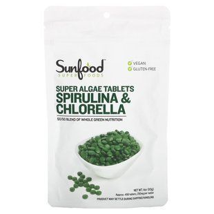 Sunfood Spirulina and Chlorella Super Algae (Spirulina Chlorella Super Algae) 250 mg 456 tablets