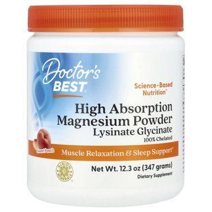 100% chelated easily absorbable magnesium powder, peach flavor, High Absorption Magnesium Powder, Doctors Best, 347 g.