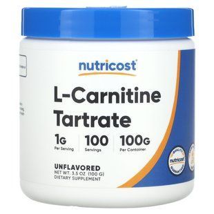 Nutricost, L-карнітин тартрат, без смакових добавок, 100 г (3,5 унції)
