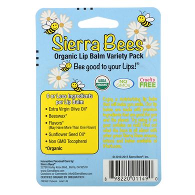 Органічний бальзам для губ, асорті, Sierra Bees, 4 пакетика, 0,15 унцій (4,25 г) кожен