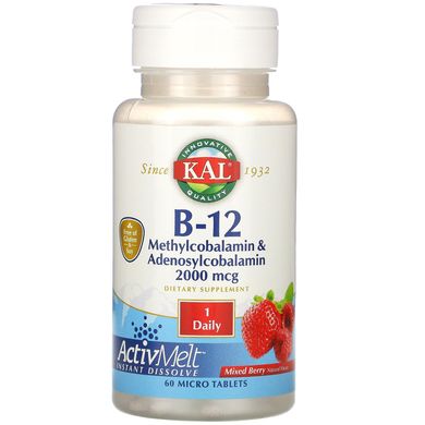Витамин B12 KAL (B-12 Methylcobalamin & Adenosylcobalamin) 2000 мкг 60 таблеток ягоды купить в Киеве и Украине