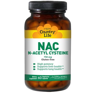 NAC, N-ацетилцистеїн, Country Life, 750 мг, 60 вегетаріанських капсул