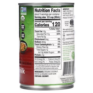 Thai Kitchen, Organic Coconut Milk, Unsweetened, 13.66 fl oz (403 ml) купить в Киеве и Украине