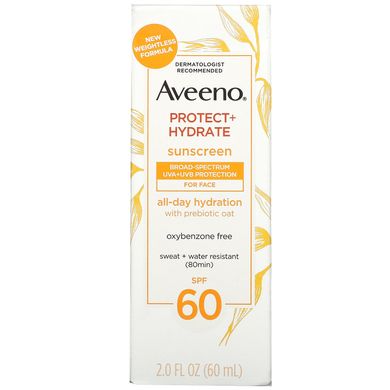 Aveeno, Protect + Hydrate, сонцезахисний крем, для обличчя, SPF 60, 2 рідкі унції (60 мл)