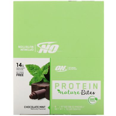 Протеїнові батончики, шоколадна м'ята, Protein Nature Bites, Optimum Nutrition, 9 шт по 56 г (1,97 унції) кожен