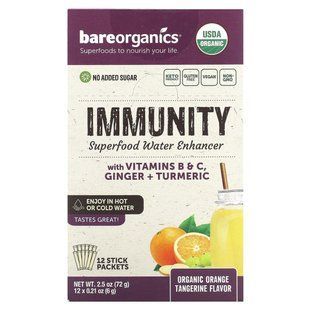 BareOrganics, Imunity, Superfood Water Enhancer, апельсин і мандарин, 12 пакетиків-стіків по 6 г (0,21 унції)