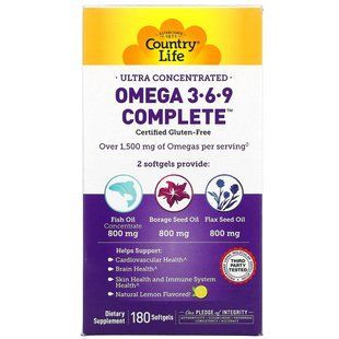 Ultra Concentrated Omega 3 &bull; 6 &bull; 9, Lemon Flavored, Country Life, 180 Capsules.