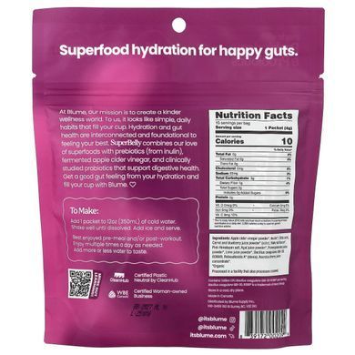 Порошок для зволожувального напою для здоровʼя кишечника Blume (SuperBelly Hydrating Gut Health Drink Mix) 15 пакетиків по 4 г гранат асаї