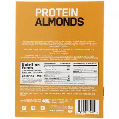 Protein almond, peanut butter with dark chocolate, Optimum Nutrition, 12 packets of 1.5 oz (43 g).