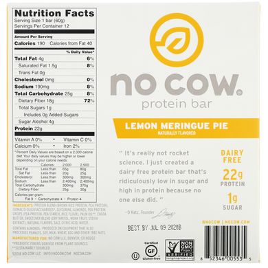 Протеїновий батончик, лимонний пиріг з безе, No Cow, 12 батончиків по 60 г (2,12 унції)
