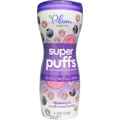 Super Puffs, органічні колечка з овочів, фруктів і злаків, чорниця і фіолетовий батат, Plum Organics, 1,5 унції (42 г)