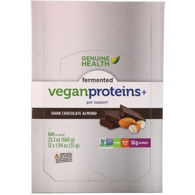 Ферментовані веганські протеїни +, темний шоколад, мигдаль, Genuine Health Corporation, 12 протеїнових батончика, по 194 унції (55 г) кожен